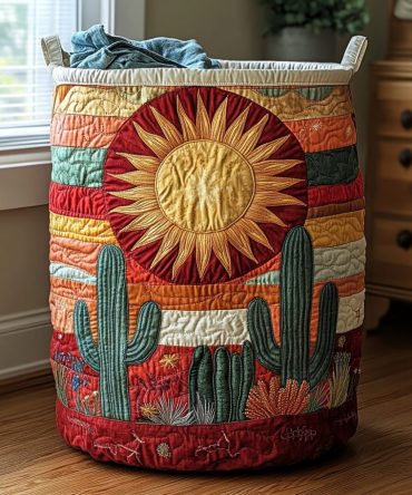 Sunset Cactus Quilted Laundry Hamper - Southwestern-Inspired Foldable Fabric Basket With Strong Handles, Durable & Decorative Home Organizer