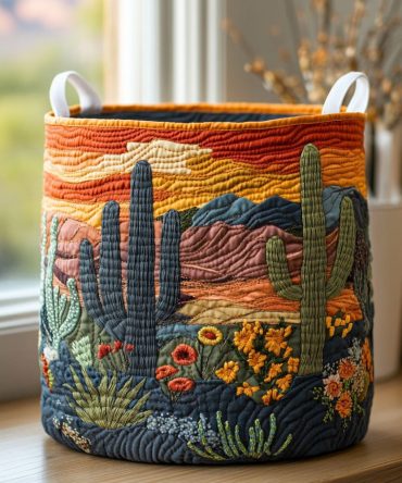 Sunset Cactus Quilted Laundry Hamper — Southwestern Foldable Fabric Basket For Laundry, Bedroom & Dorm With Reinforced Handles