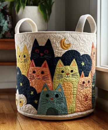 Sunset Cats Quilted Laundry Hamper — Warm-Toned Cat Print Foldable Fabric Basket For Bedroom, Laundry Room & Decor