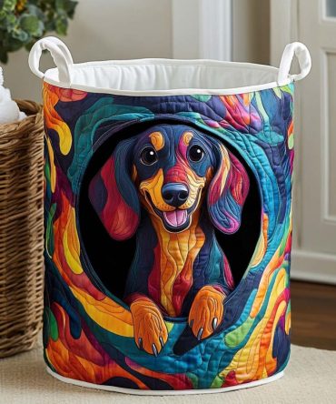 Sunset Dachshund Glow Quilted Laundry Hamper — Colorful Dach Print Foldable Laundry Basket, Durable Decorative Storage Bin