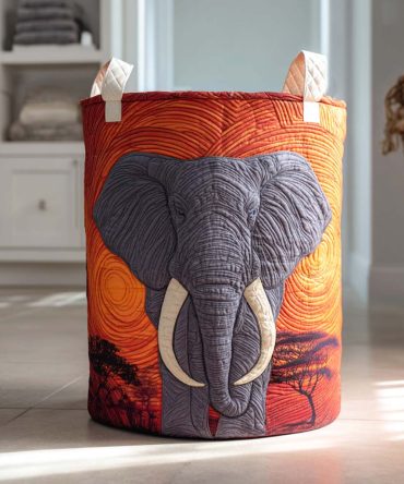 Sunset Elephant Quilted Laundry Hamper — Warm-Toned Fabric Storage Basket For Nursery, Kids Laundry & Cozy Home Decor