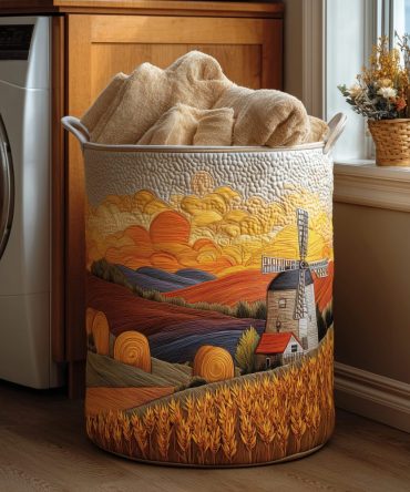 Sunset Fields Quilted Laundry Hamper — Large Patterned Canvas Hamper With Reinforced Handles For Easy Carry & Storage