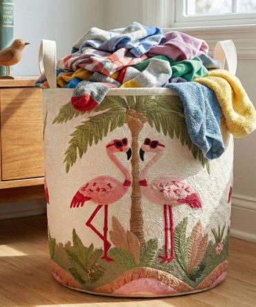 Sunset Flamingo Quilted Laundry Hamper – Large Foldable Fabric Basket With Padded Handles, Tropical Sunset Print For Home & Dorm