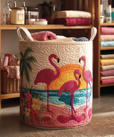 Sunset Flamingo Quilted Laundry Hamper – Tropical Collapsible Fabric Basket, Washable Decorative Storage For Bedroom & Patio Rooms