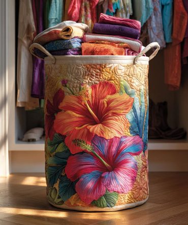 Tropical Quilted Laundry Hamper - Sunset Hibiscus Motif , Decorative Foldable Fabric Laundry Basket With Carry Handles For Beachy Decor