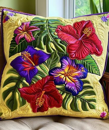 Sunset Hibiscus Serenity Quilted Pillow Cover - Warm Floral Throw Pillowcase, Premium Cotton-Blend Accent For Sofa & Bed, Easy Care