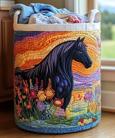 Sunset Horse Quilted Laundry Hamper — Warm Dusk Horse Print Fabric Basket With Reinforced Handles, Foldable Decorative Laundry Storage