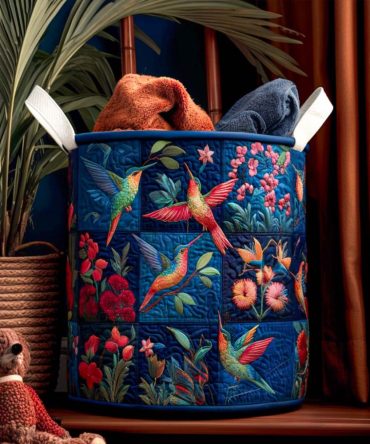Sunset Hummingbird Quilted Hamper — Lightweight Collapsible Laundry Basket With Hummingbird & Floral Motif For Colorful Bedroom Or Patio Storage