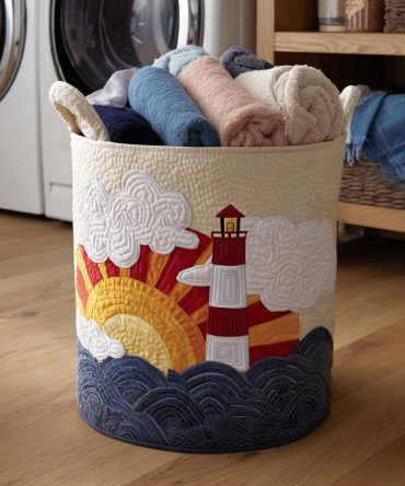 Sunset Lighthouse Quilted Laundry Hamper — Large Decorative Collapsible Fabric Basket With Handles For Coastal Home