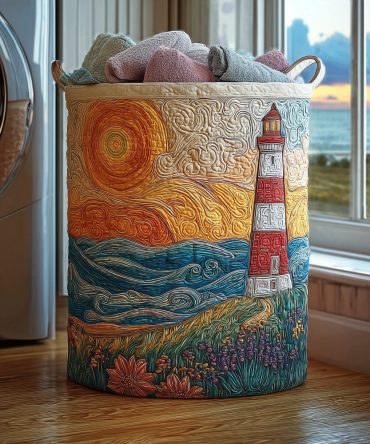 Coastal Sunset Lighthouse Quilted Laundry Hamper - Foldable Decorative Fabric Laundry Basket With Sturdy Handles