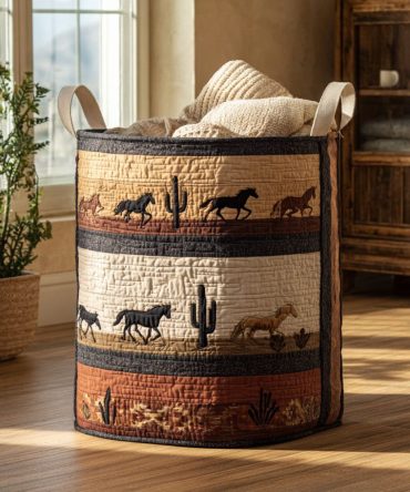 Sunset Mesa Run Quilted Laundry Hamper — Large Foldable Western-Inspired Fabric Basket With Strong Handles For Everyday Use