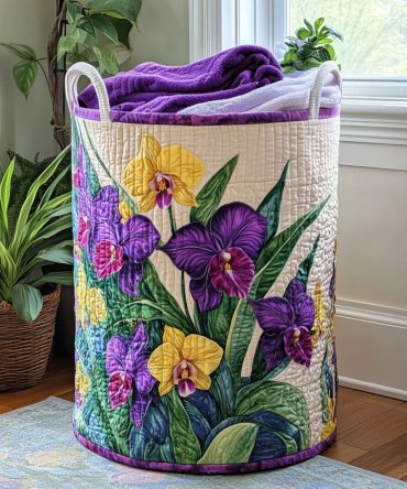 Sunset Orchids Quilted Laundry Hamper — Vibrant Floral Fabric Basket, Collapsible Decorative Laundry Storage For Bedroom & Bath