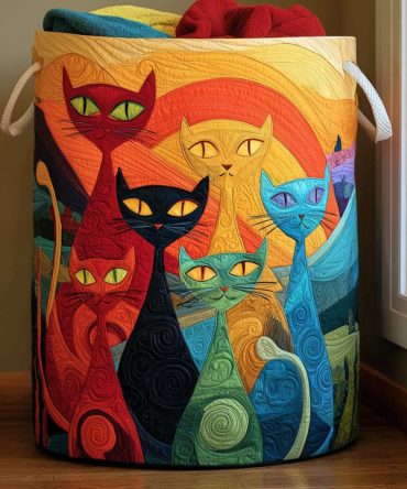 Sunset Paws Quilted Laundry Hamper - Vibrant Sunset Cat & Dog Print Clothes Organizer With Handles, Colorful Home Storage