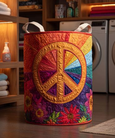 Sunset Peace Bloom Quilted Hamper - Foldable Floral Laundry Basket With Handles For Bedroom, Bathroom & Closet Storage