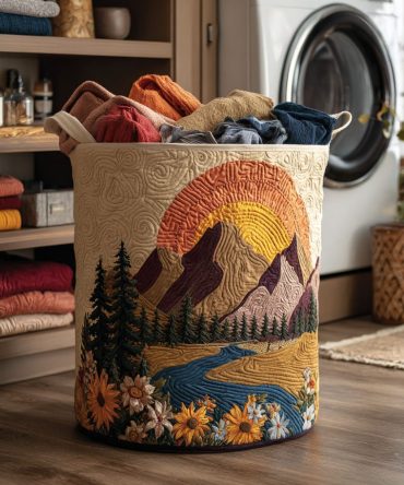 Sunset Peak Quilted Fabric Hamper — Scenic Foldable Laundry Basket With Reinforced Handles, Stylish Storage For Home & Travel