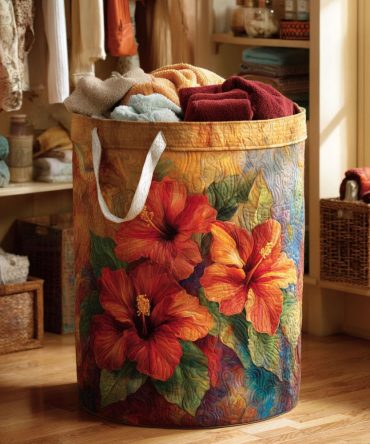 Sunset Petal Quilted Laundry Basket – Warm Floral Print, Large Collapsible Hamper With Handles For Stylish Bedroom, Bathroom & Nursery Storage