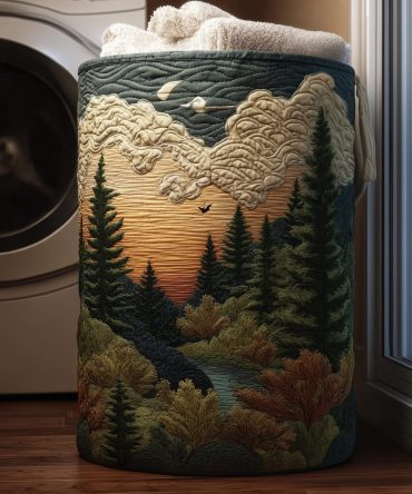 Scenic Quilted Sunset Pines Laundry Hamper — Collapsible Nature Print Fabric Basket With Handles, Decorative Home Storage