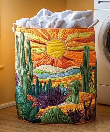 Southwestern Quilted Laundry Hamper - Sunset Prickly Cactus Print , Durable Collapsible Laundry Basket With Handles For Entryway & Patio