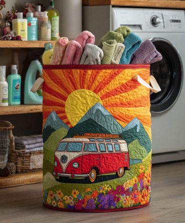 Sunset Ride Quilted Laundry Hamper — Warm Sunset Print Collapsible Basket With Comfortable Handles For Beachy Bedroom & Dorm Storage