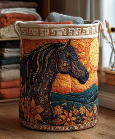 Sunset Rider Quilted Laundry Hamper - Warm Sunset-Themed Foldable Laundry Basket With Quilted Fabric & Handles