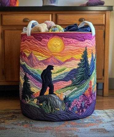Scenic Quilted Laundry Hamper — Sunset Sasquatch View , Foldable Fabric Laundry Basket With Handles For Cabin, Outdoor-Themed Rooms & Dorms