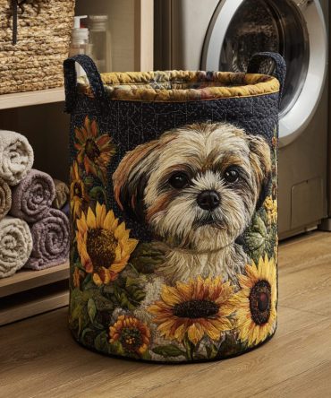 Sunset Shih Tzu Quilted Laundry Hamper — Dog Silhouette Foldable Laundry Basket For Pet-Themed Rooms & Thoughtful Gifts