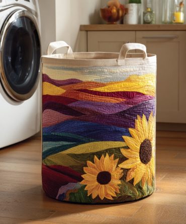 Sunset Sunflower Quilted Laundry Hamper — Bright Decorative Fabric Basket With Handles, Foldable Laundry Organizer For Home & Dorm