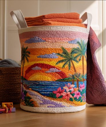 Sunset Tide Quilted Laundry Hamper - Foldable Stylish Laundry Basket With Reinforced Handles, Breathable Liner & Compact Storage Design