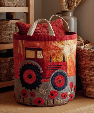 Sunset Tractor Quilted Storage Hamper — Rustic Farm Tractor Print Laundry Organizer, Collapsible Fabric Basket For Farmhouse Decor