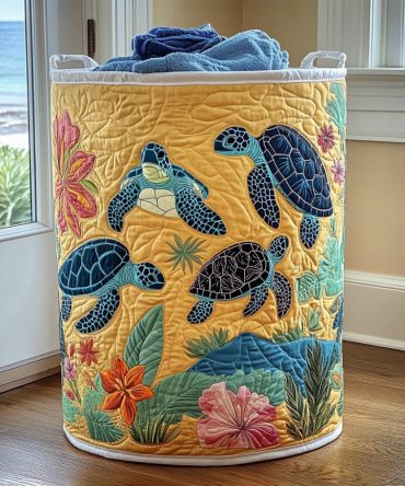 Sunset Turtle Quilted Laundry Basket — Coastal Turtle Print Hamper, Foldable Cotton Storage For Beach Houses & Bathrooms