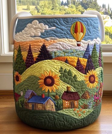 Sunset Valley Quilted Laundry Hamper — Warm Sunset Print Foldable Laundry Basket With Padded Walls & Handles For Cozy Home Storage