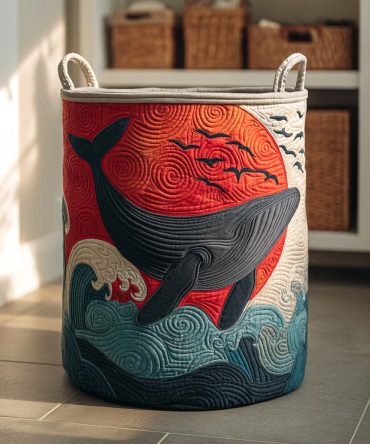 Sunset Whale Quilted Fabric Laundry Hamper — Coastal Foldable Laundry Basket With Handles For Nautical Home & Kids Rooms
