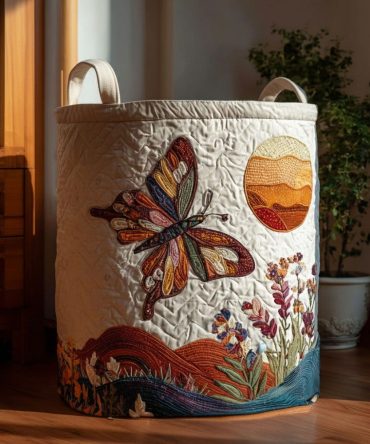Sunset Wings Quilted Laundry Hamper - Cozy Cotton Fabric Basket With Handles, Foldable Decorative Storage Solution