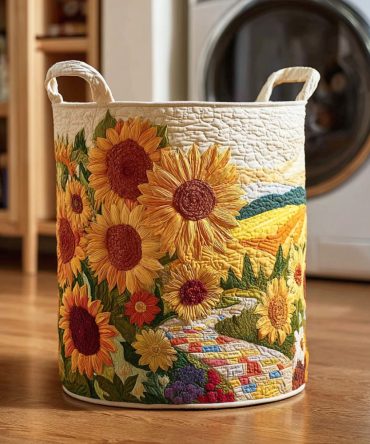 Sunshine Bloom Quilted Fabric Laundry Hamper , Large Collapsible Floral Basket For Cheerful Home Organization, Durable & Lightweight