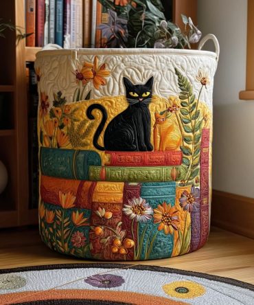 Bright Sunshine Cat Quilted Laundry Hamper — Large Collapsible Floral Cat-Print Organizer For Bedroom & Nursery