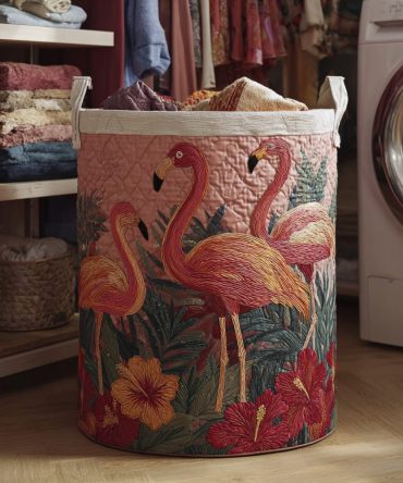 Sunshine Flamingos Quilted Laundry Hamper — Tropical Flamingo Fabric Laundry Basket, Fun Collapsible Organizer For Bright Spaces