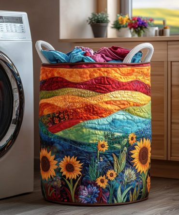 Sunshine Meadow Quilted Laundry Hamper — Bright Floral Storage Basket, Lightweight Collapsible Fabric Organizer For Sunny Rooms