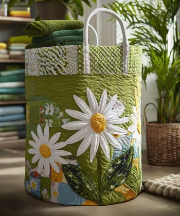Sunshine Stems Floral Quilted Laundry Hamper – Foldable Decorative Cotton Storage Basket For Bedroom, Bathroom & Nursery