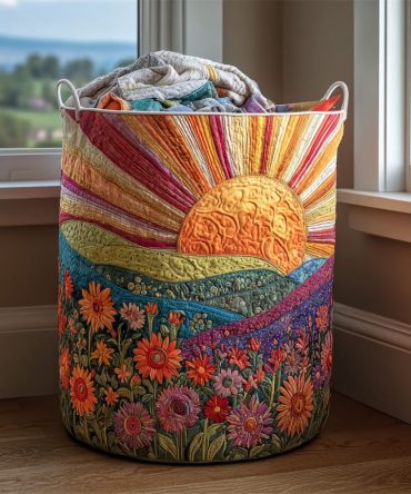 Large Quilted Laundry Hamper - Sunshine Valley Fabric Storage Basket With Handles, Foldable & Durable Home Laundry Organizer