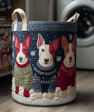 Bull Terrier Sweater Quilted Laundry Hamper — Cute Dog Print Foldable Storage Basket For Pet Lovers, Kids' Rooms & Dorms