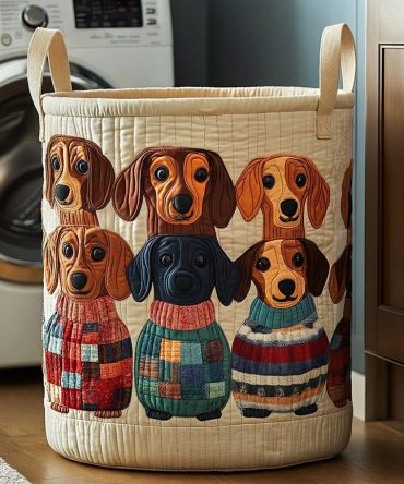 Sweater Dachshund Quilted Hamper — Cute Foldable Laundry Basket, Large Soft Fabric Storage Bin With Handles & Easy-Care Liner