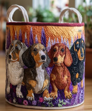 Sweater Pup Line Quilted Laundry Hamper – Cozy Knit-Style Puppy Print Fabric Storage Bin, Foldable Washable Hamper With Durable Handles