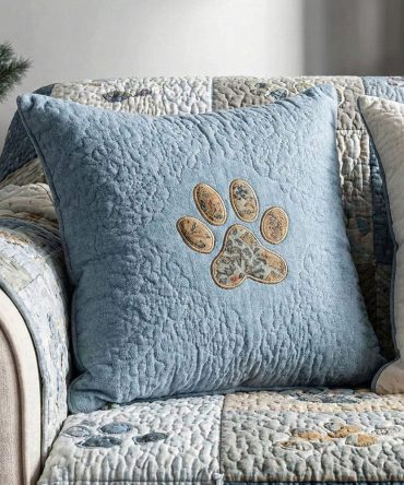 Sweet Paw Prints Quilted Pillow Cover V3 - Cute Paw-Print Cotton Sham For Pet Owners, Machine Washable Decorative Throw Pillowcase