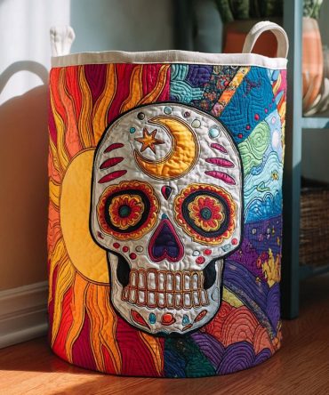 Sweet Bones Quilted Laundry Hamper — Gothic Skull Print Fabric Laundry Basket, Foldable Stylish Clothes Organizer For Bedroom
