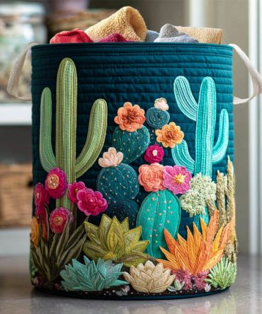 Sweet Cactus Oasis Quilted Laundry Hamper – Boho Cactus Print Fabric Basket, Foldable Durable Hamper With Handles For Modern Spaces