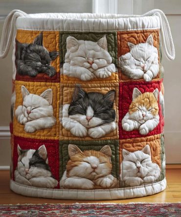 Sweet Catnap Quilted Laundry Hamper — Cute Cat Print Fabric Basket, Foldable Pet-Themed Laundry & Toy Organizer With Handles