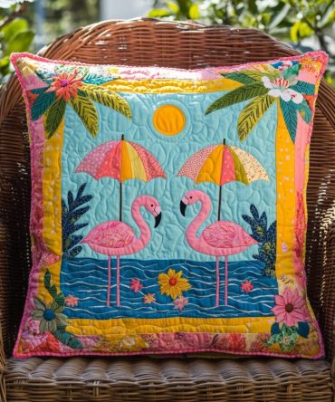 Sweet Flamingo Quilted Pillow Cover — Lovely Tropical Flamingo Throw Case To Brighten Bedrooms, Porches & Living Spaces