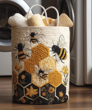 Sweet Hive Quilted Laundry Hamper — Bee & Honeycomb Fabric Basket, Decorative Storage For Nursery, Laundry, Blankets & Gifts — Foldable & Sturdy