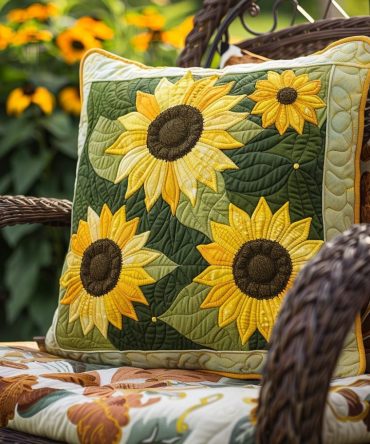 Sweet Sunflowers Quilted Decorative Pillow Cover — 18X18In Bright Floral Throw Pillowcase, Soft Cotton Blend, Quilted Texture, Reversible & Machine Washable