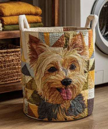 Sweet Yorkshire Quilted Laundry Hamper — Adorable Yorkie Print Fabric Basket, Collapsible Storage, Sturdy Handles, Lightweight & Easy-Care